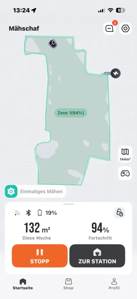Screenshot der App zeigt unsere Navimow i105e Erfahrungen mit der Steuerung.